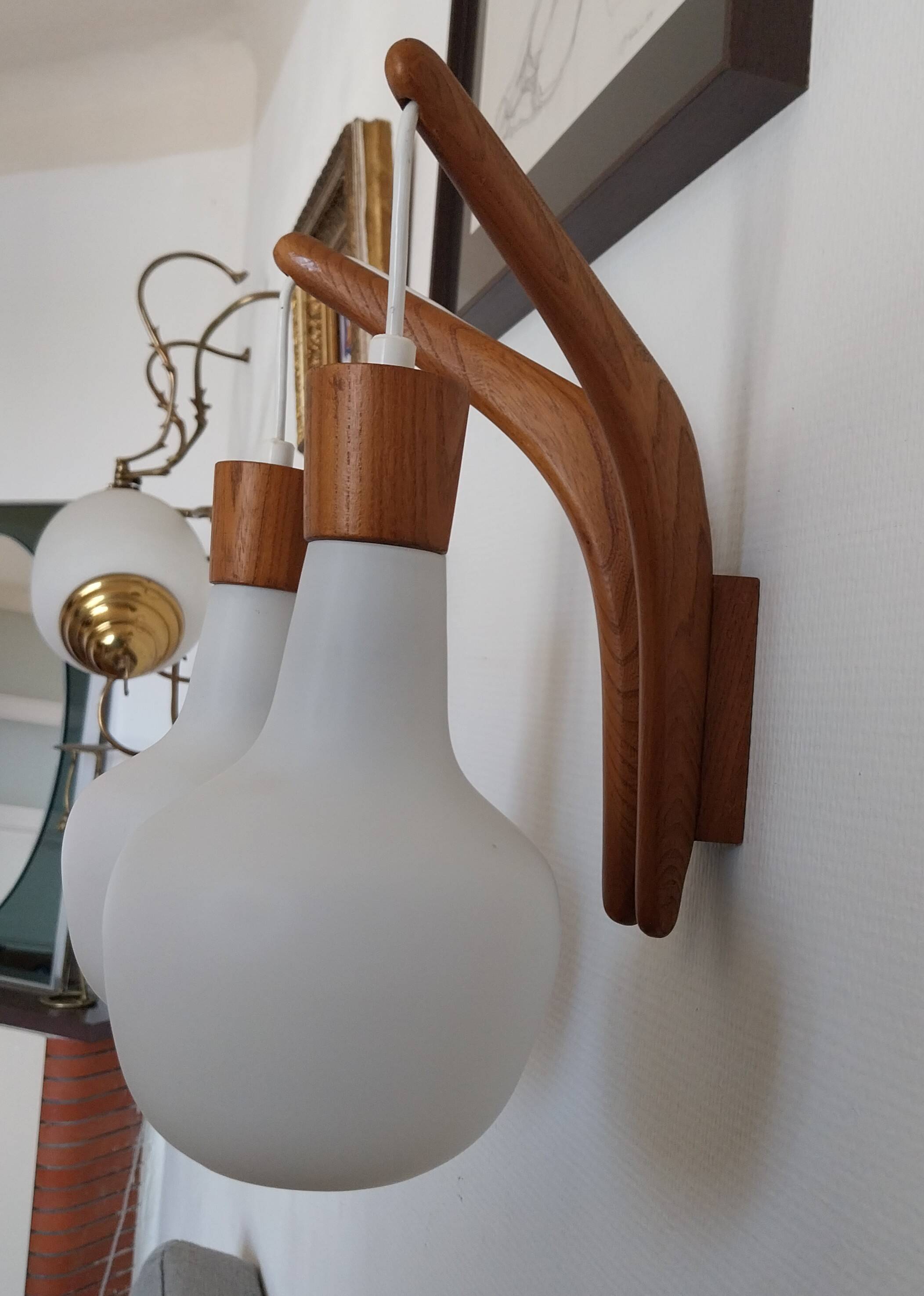 double teak wall lamp and Scandinavian suspended opalines