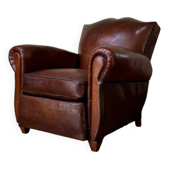 Fauteuil Club Français en Cuir, Modèle Moustache Havane Circa Années 1950