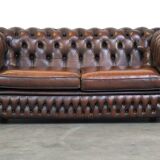 Dark brown flamed cowhide English 2.5 seater Chesterfield sofa
