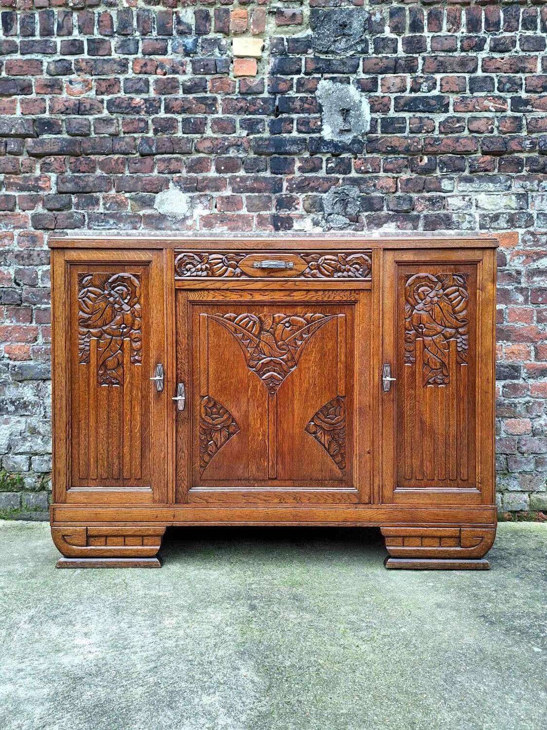 Art deco sideboard marble top, old buffet furniture, vintage dresser