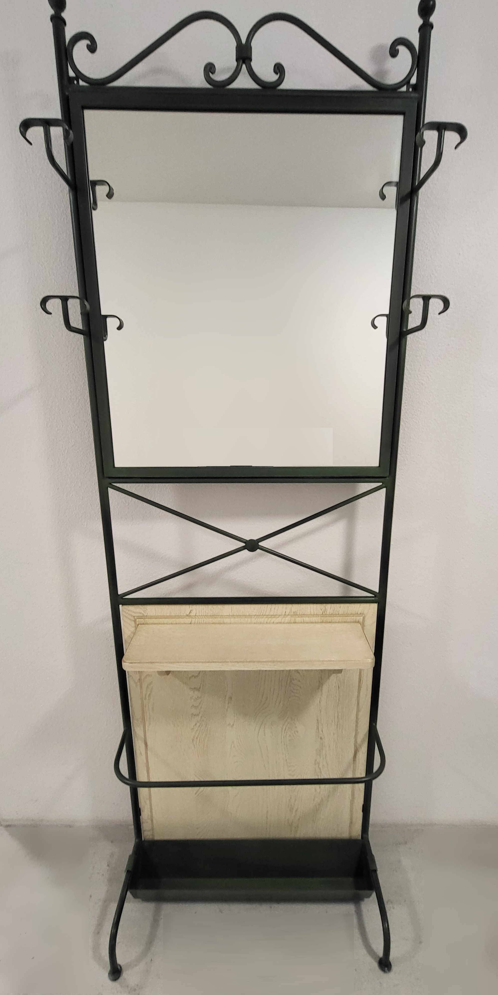 Coat rack, umbrella stand in wood and wrought iron.