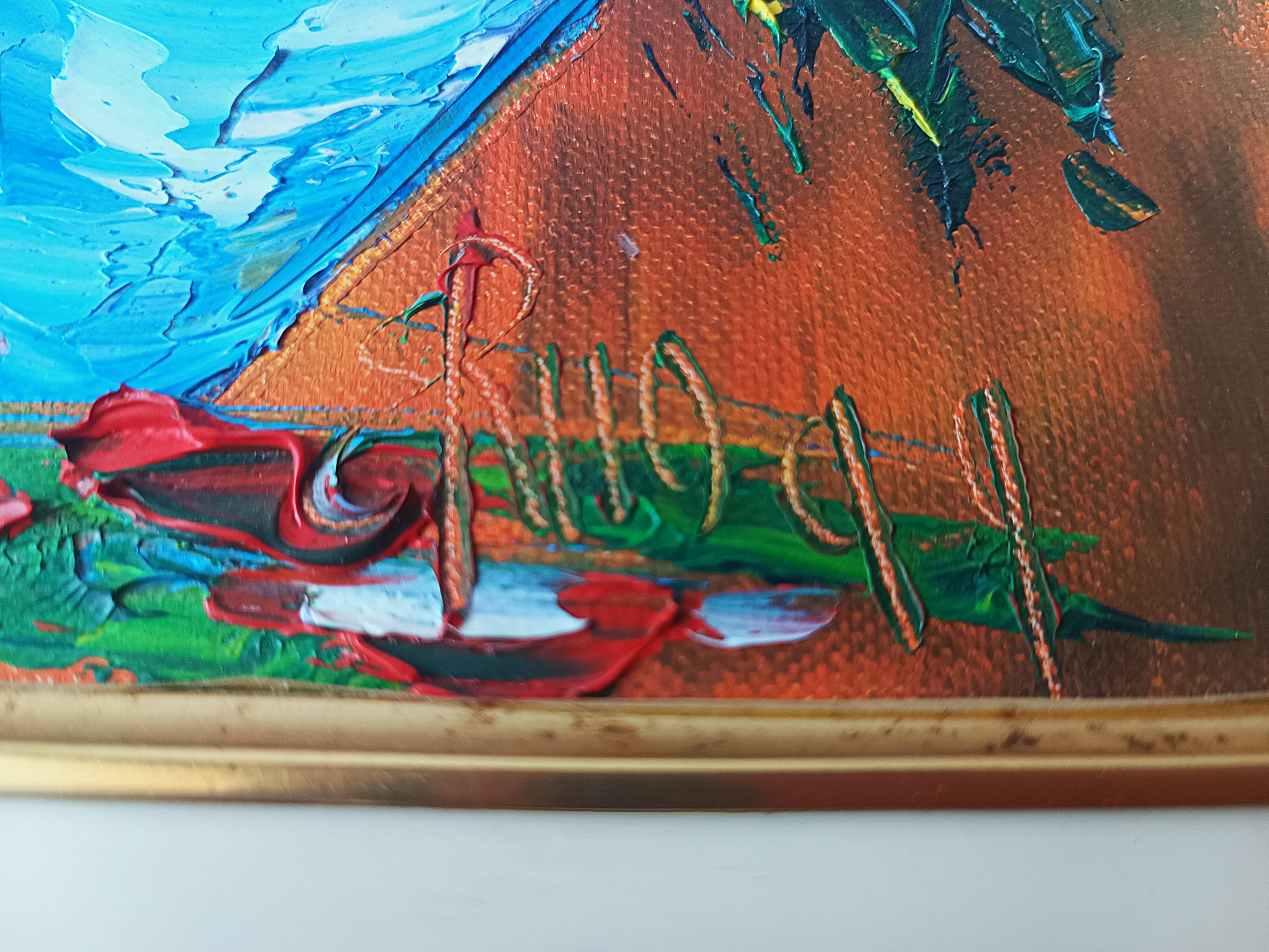 Oil painting on canvas, bouquet of flowers in a framed vase, signed.