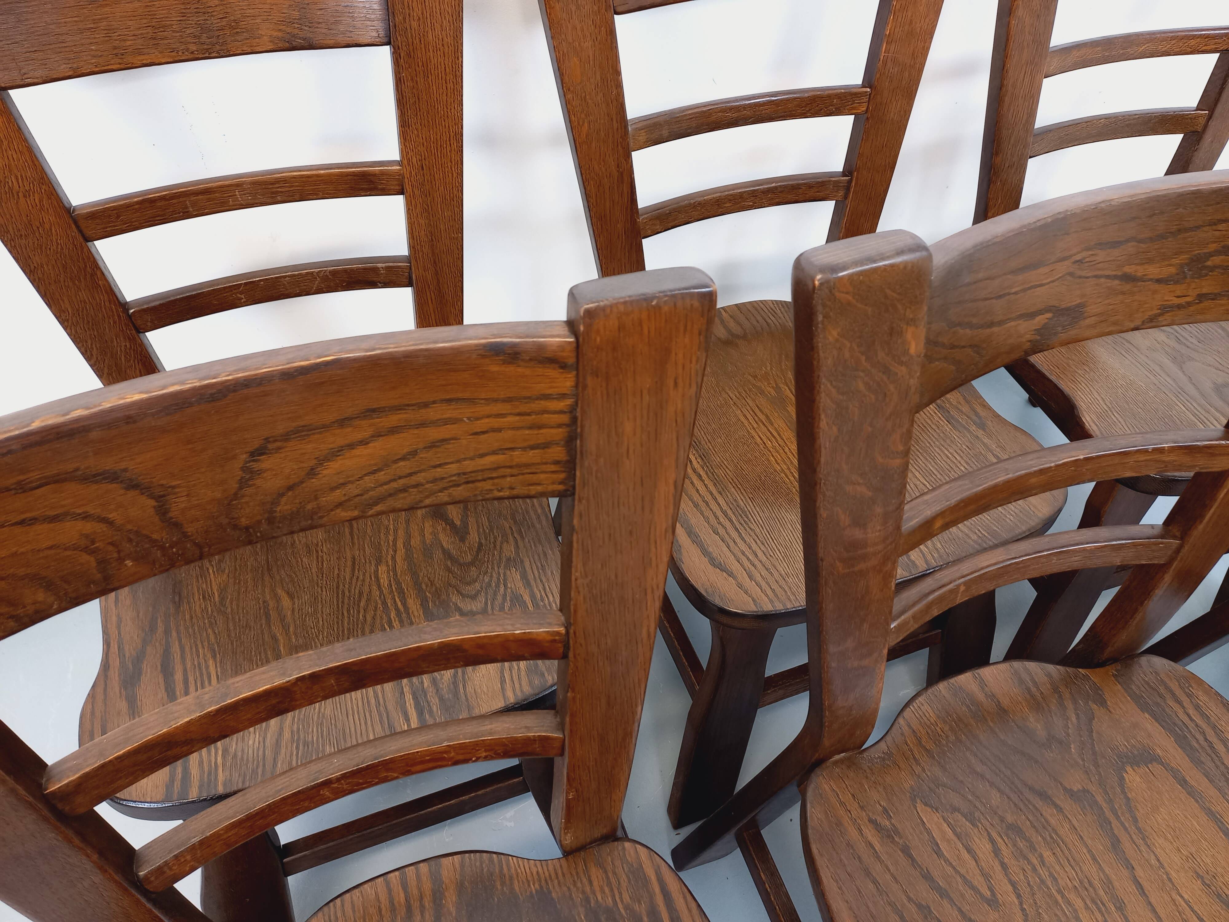 Set of 6 vintage brutalist oak chairs from the 1950s.