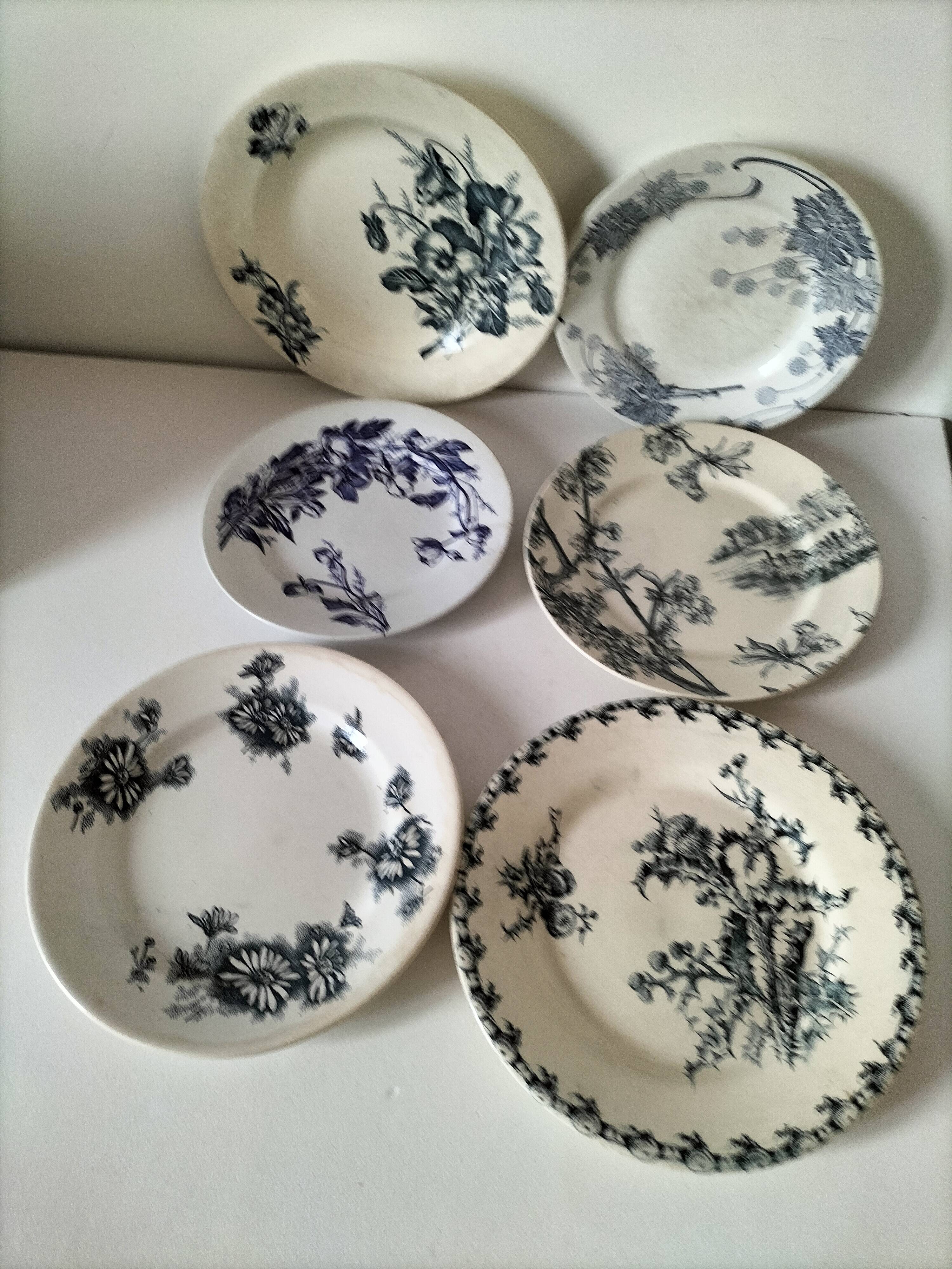 Set of 6 ironstone plates in shades of blue, late 19th to early 20th century.