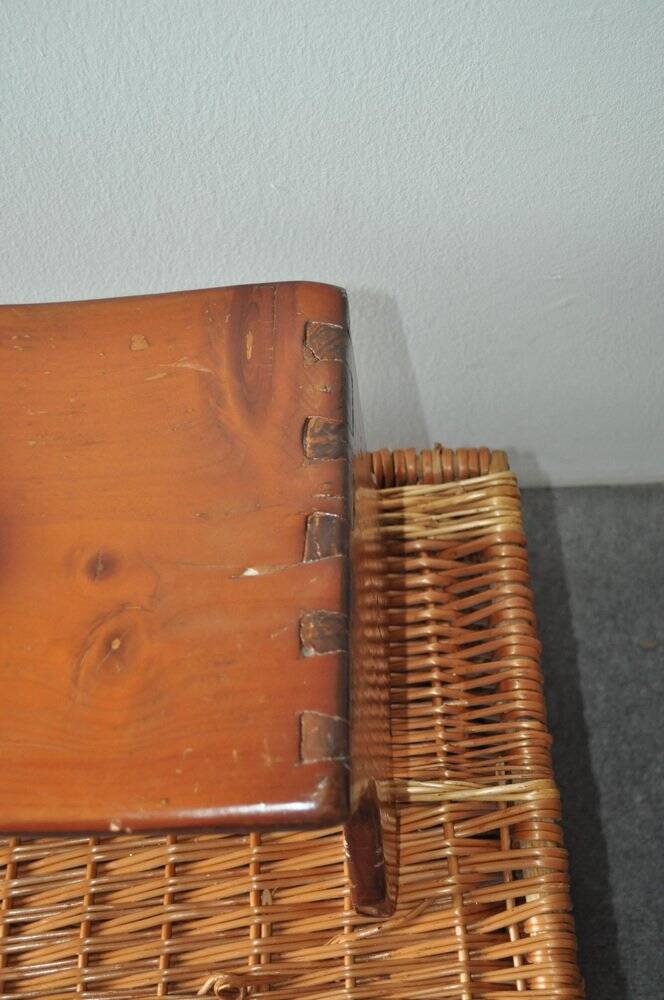 Vintage brown-stained pine stool, rustic/industrial style, 1960s.