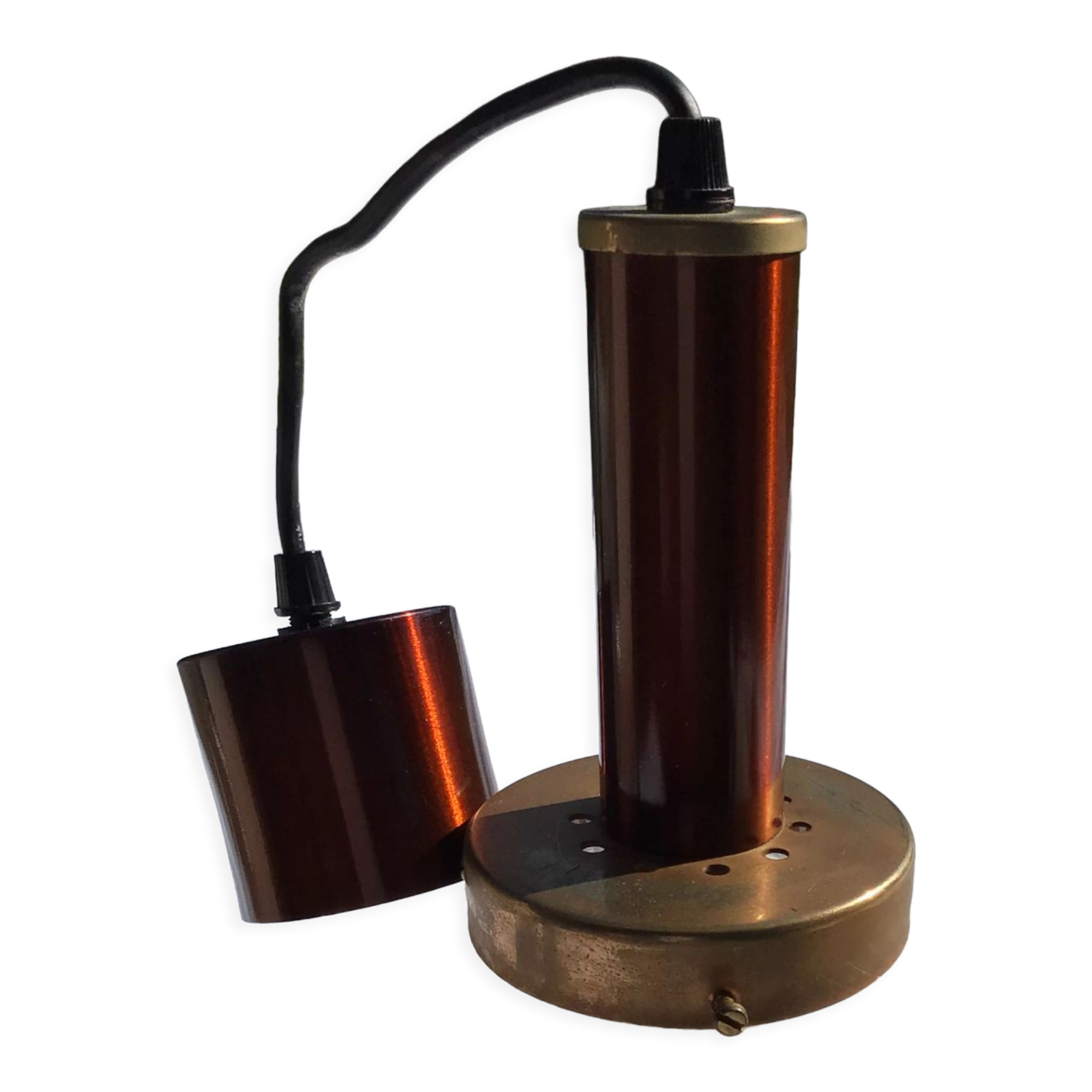 Copper suspension with white striped blown glass