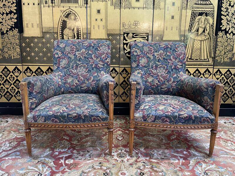 Pair of Louis XVI style armchairs - bergeres with flowers