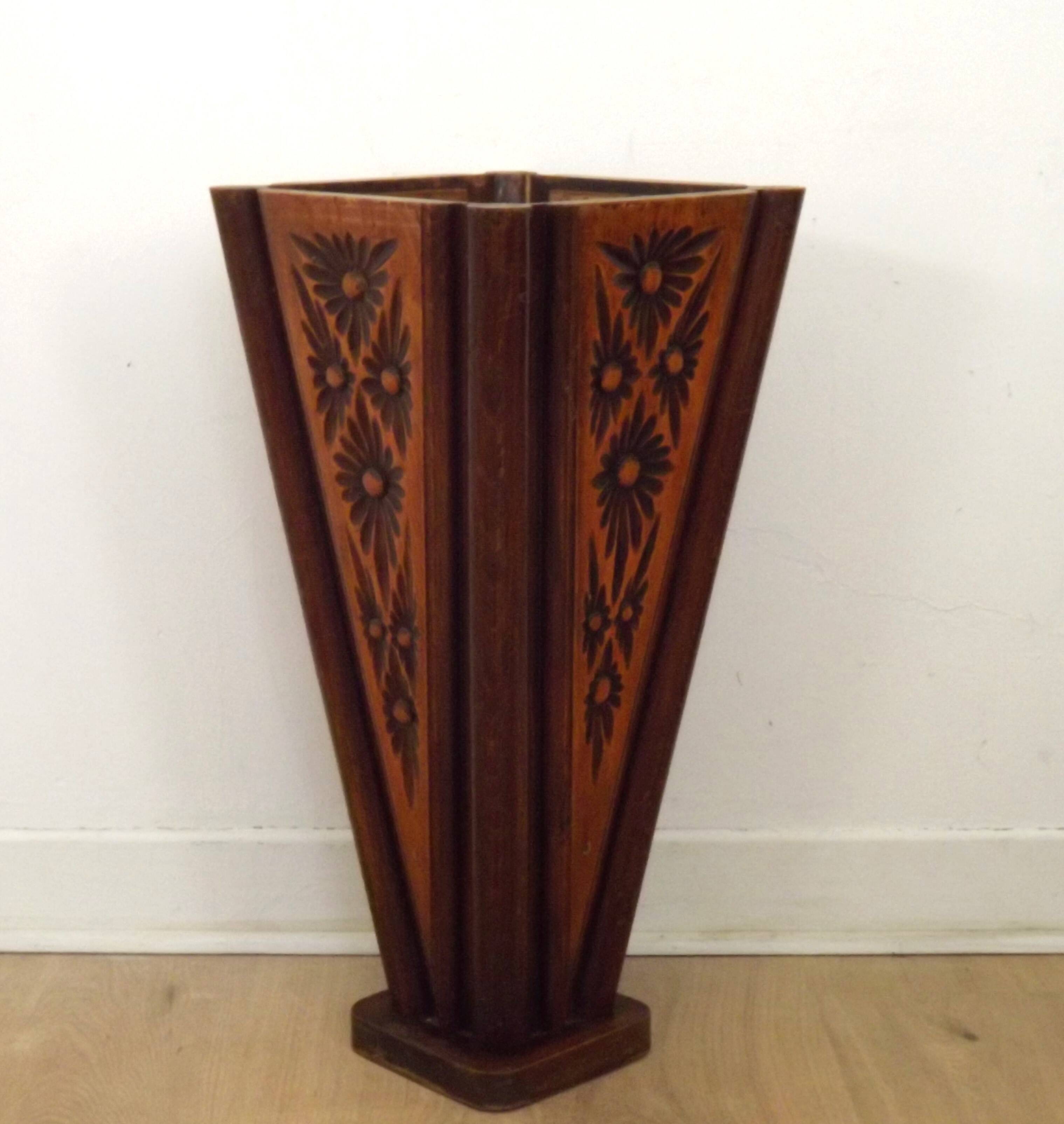 French antique oak tin-lined hand-carved umbrella stand with flower decoration.
