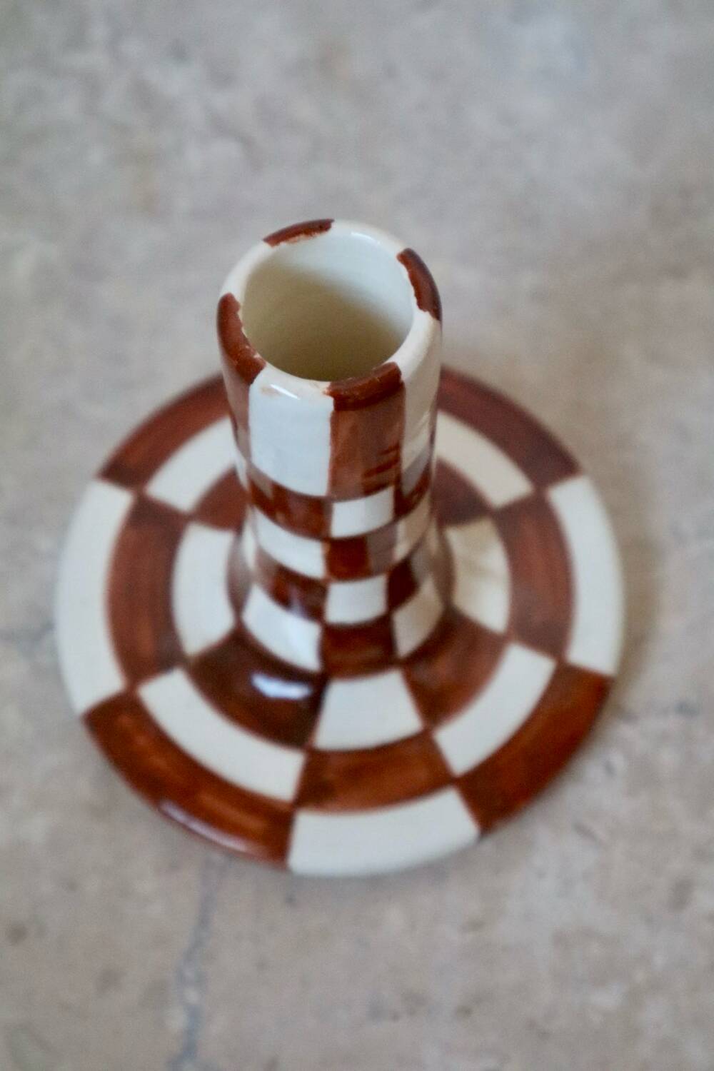 Handmade Brown Checkered Candlestick Holder