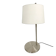 Large brushed metal table lamp with an ecru shade.