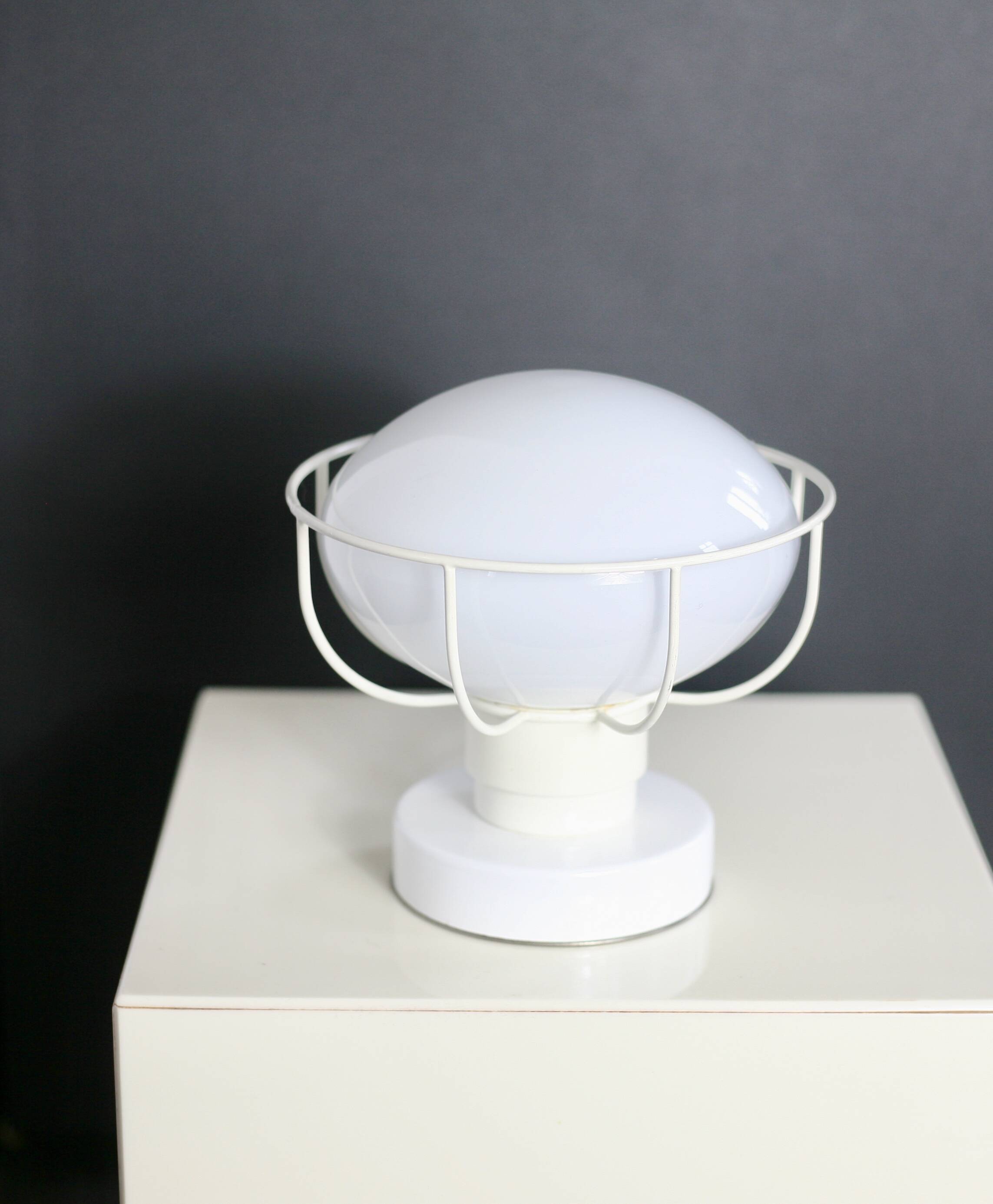 80s lamp, white lacquered metal and glass globe