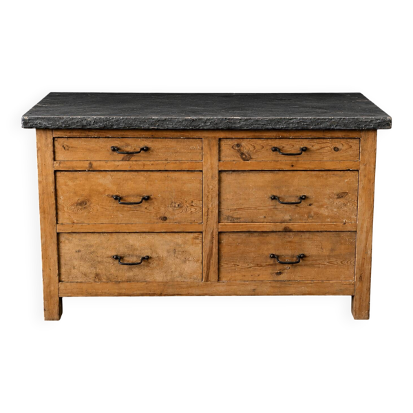 Ancien meuble de métier en bois avec plateau en pierre