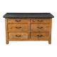 Old wooden workshop furniture with a stone top.