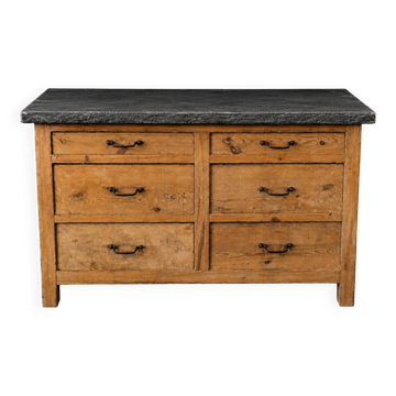 Ancien meuble de métier en bois avec plateau en pierre