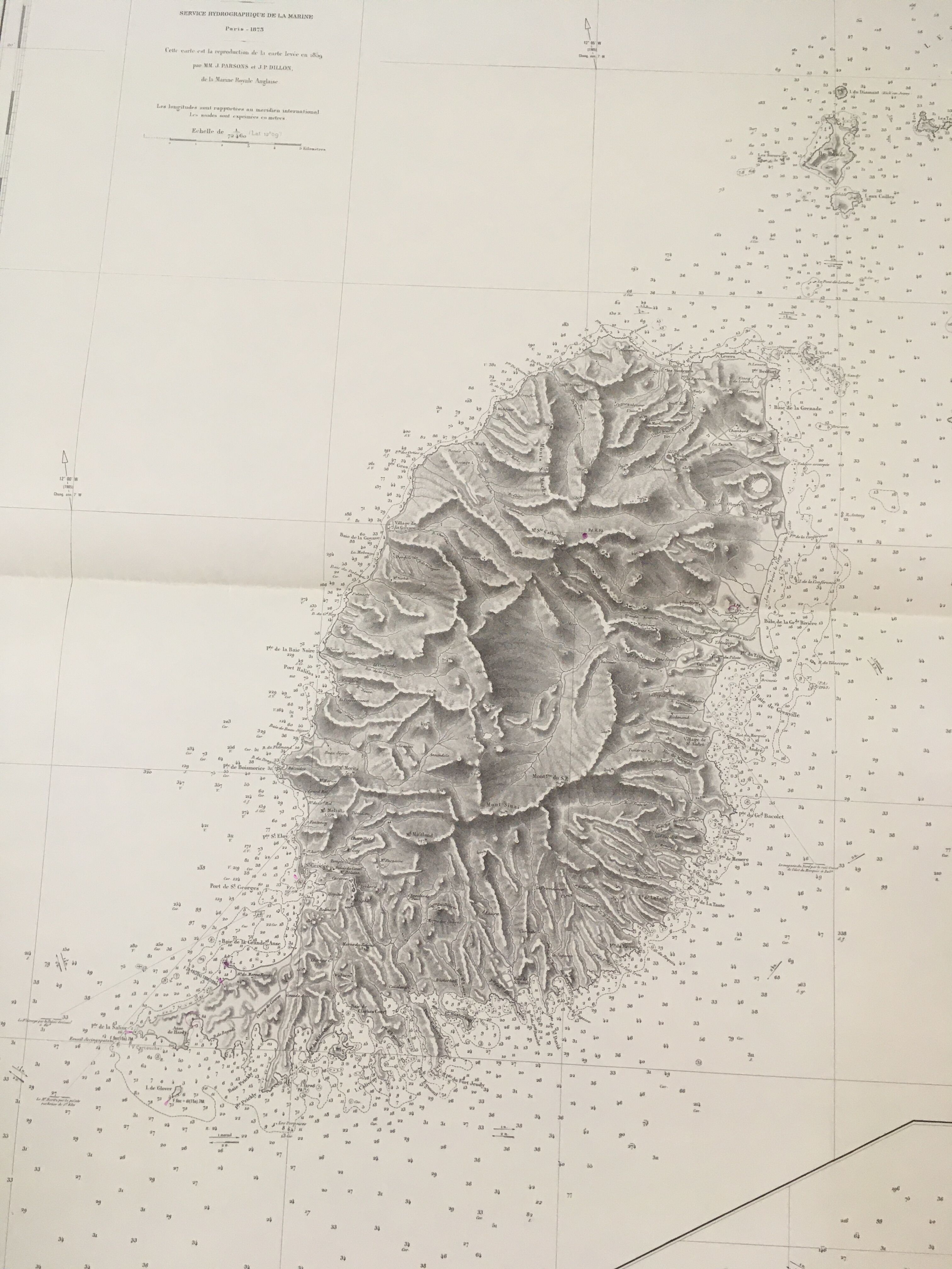 Ancient marine map of the island of Granada (Antilles)