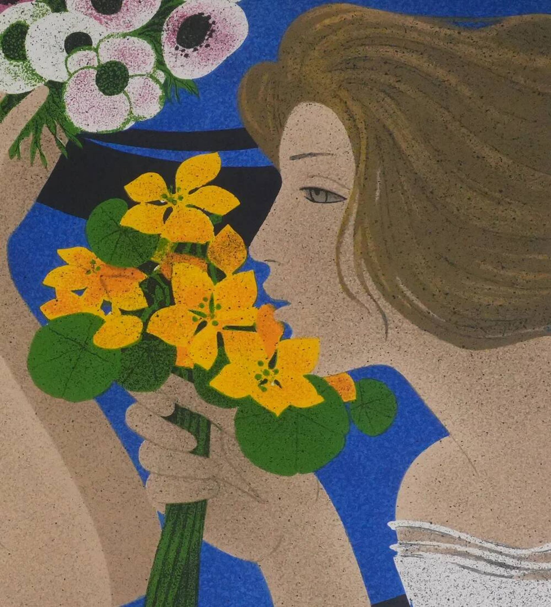 Yves Ganne: The Two Women with Bouquets, original signed lithograph