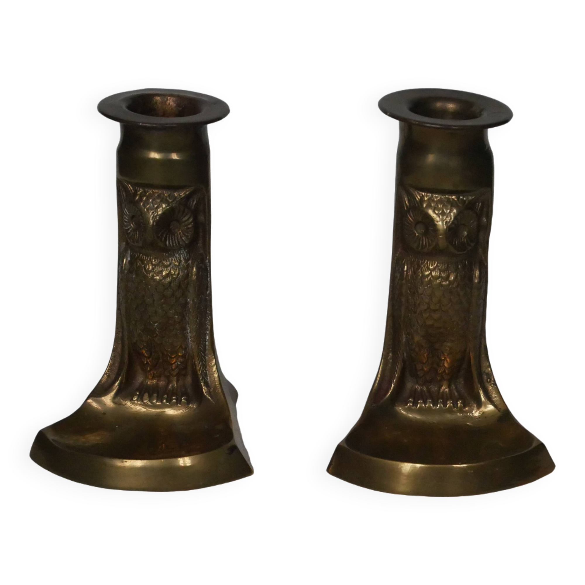 Pair of brass candlesticks candelabra art deco owls country decoration old gilded metal