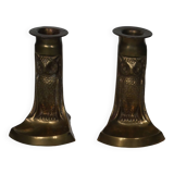 Pair of brass candlesticks candelabra art deco owls country decoration old gilded metal