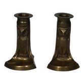 Pair of brass candlesticks candelabra art deco owls country decoration old gilded metal