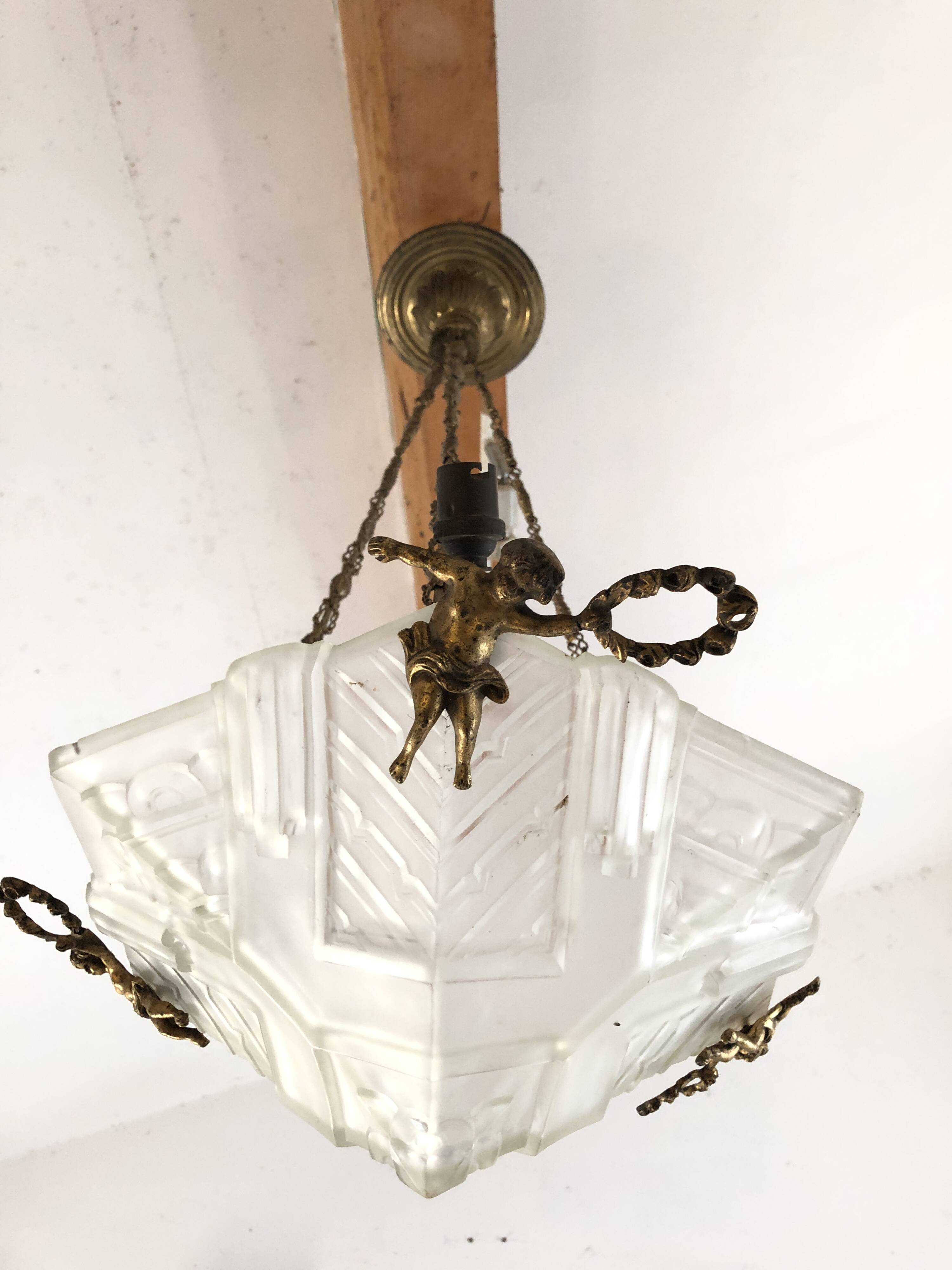 Art Deco Chandelier/Ceiling Light/Cast Glass Pyramid Shape & Angelo Frame