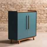 Vintage low sideboard restyled in blue with 2 swing doors and wooden base