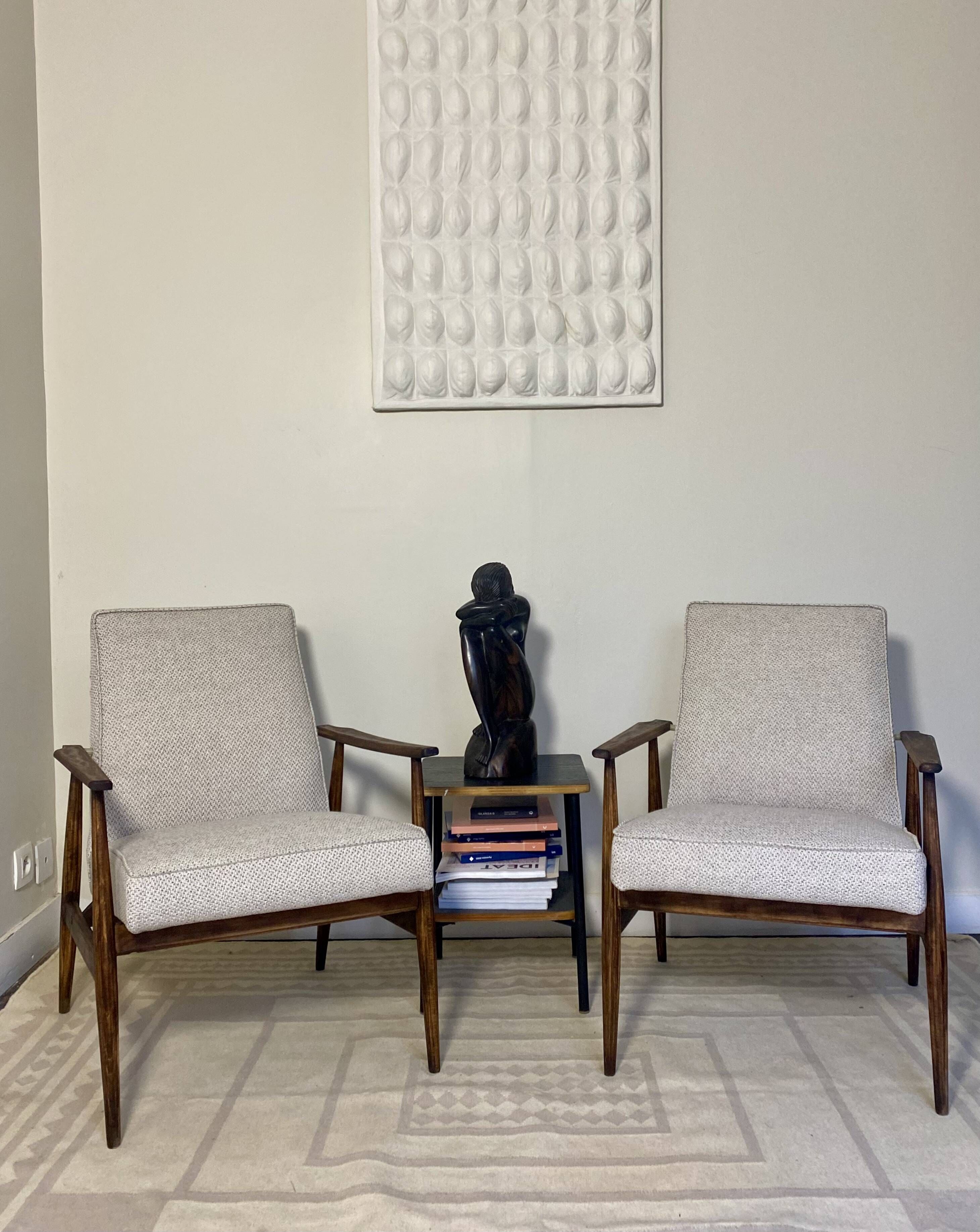 Pair of Henryk Lis 300-190 armchairs in mottled blue-grey fabric, 1970s