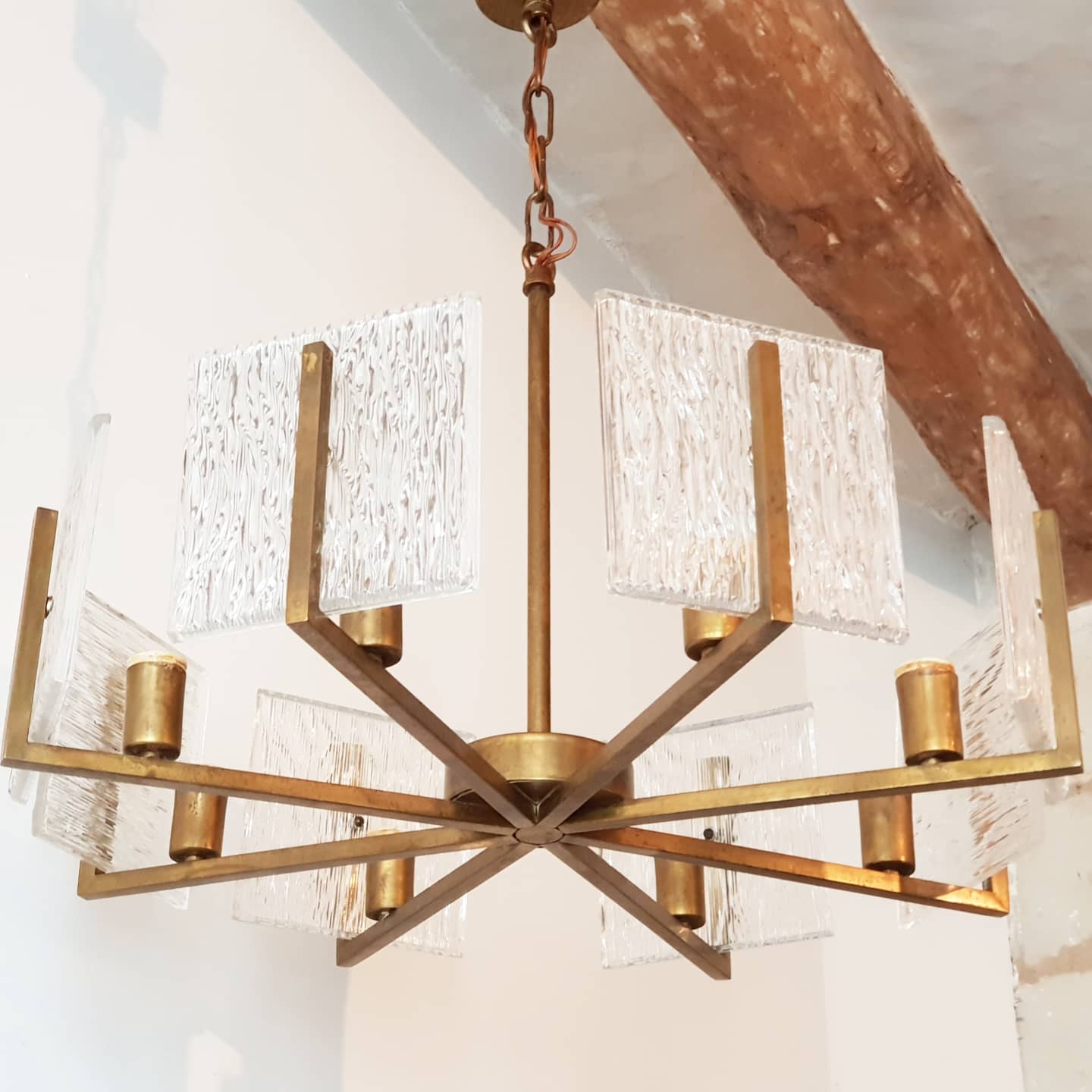 1960 vintage brass chandelier - glass
