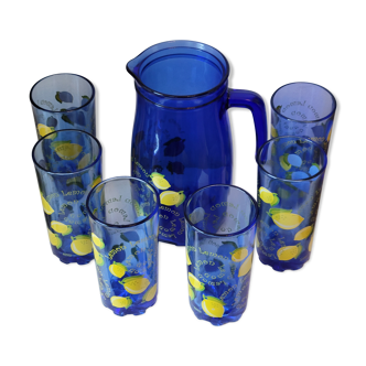 Service à orangeade citronnade en verre bleu vintage carafe + 6 verres