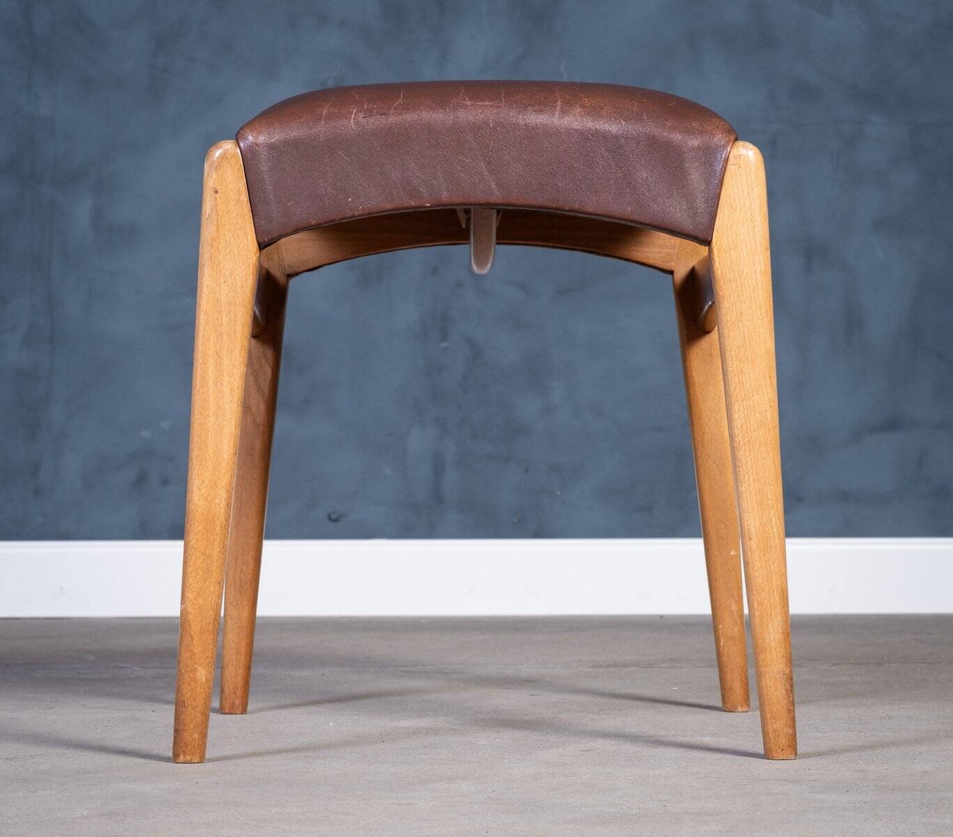 Mid-Century Stool in Beech with Brown Leather Seat, Denmark, 1950s