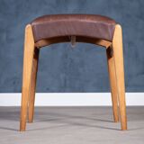 Mid-Century Stool in Beech with Brown Leather Seat, Denmark, 1950s