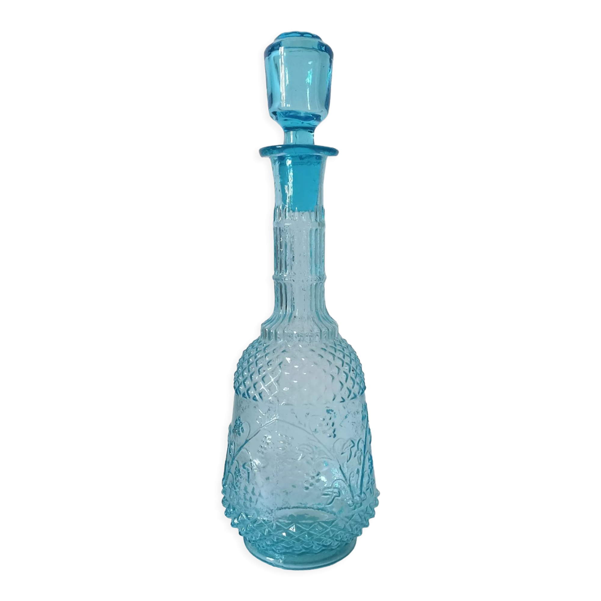 Old turquoise blue molded glass liqueur bottle and its cap