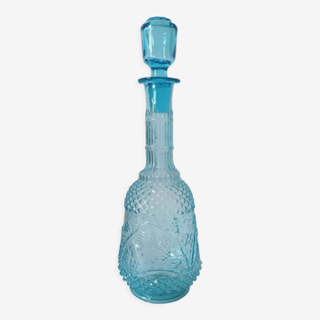 Ancien flacon à liqueur verre moulé bleu turquoise et son bouchon