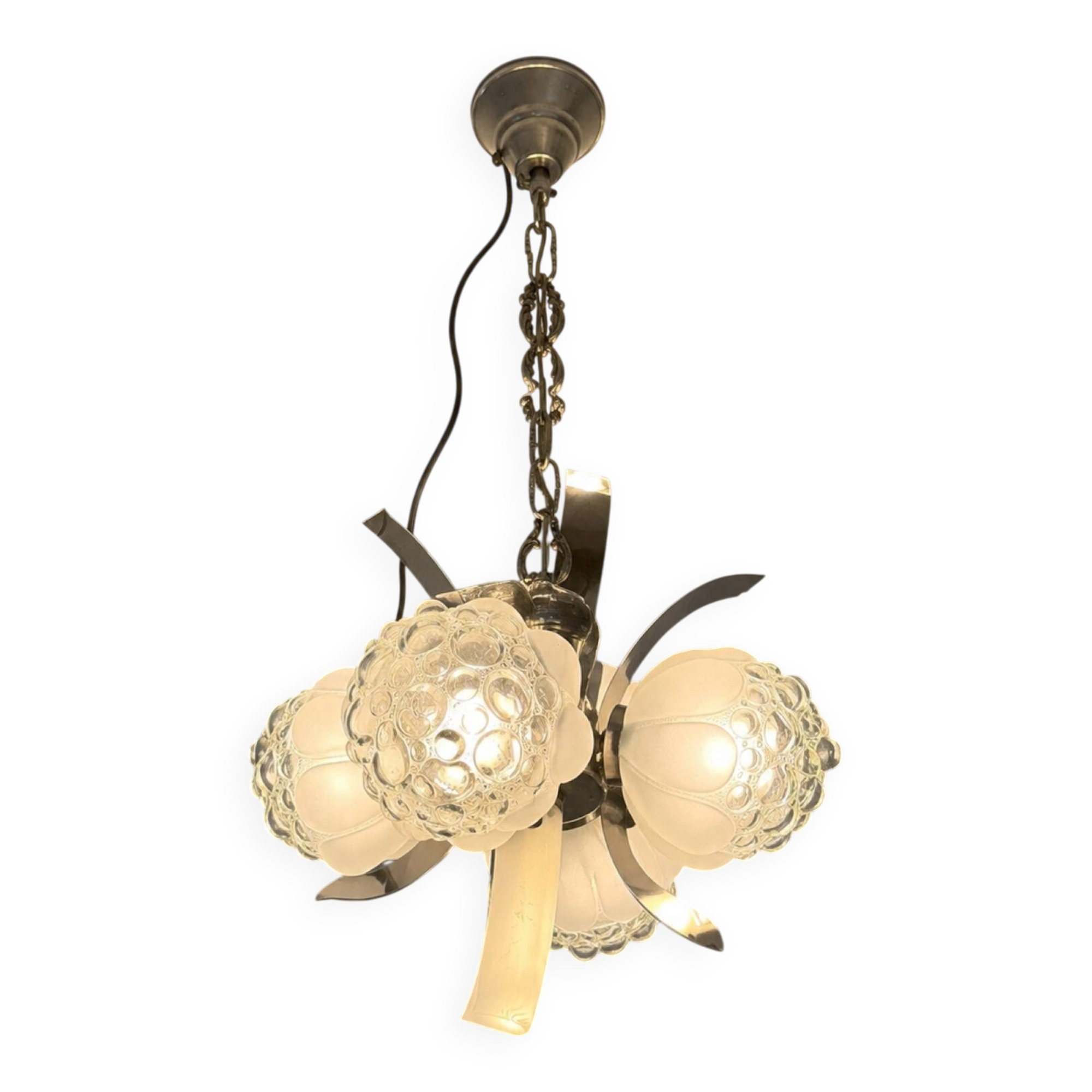 Vintage chandelier with 4 glass bubble globes and silvered metal.