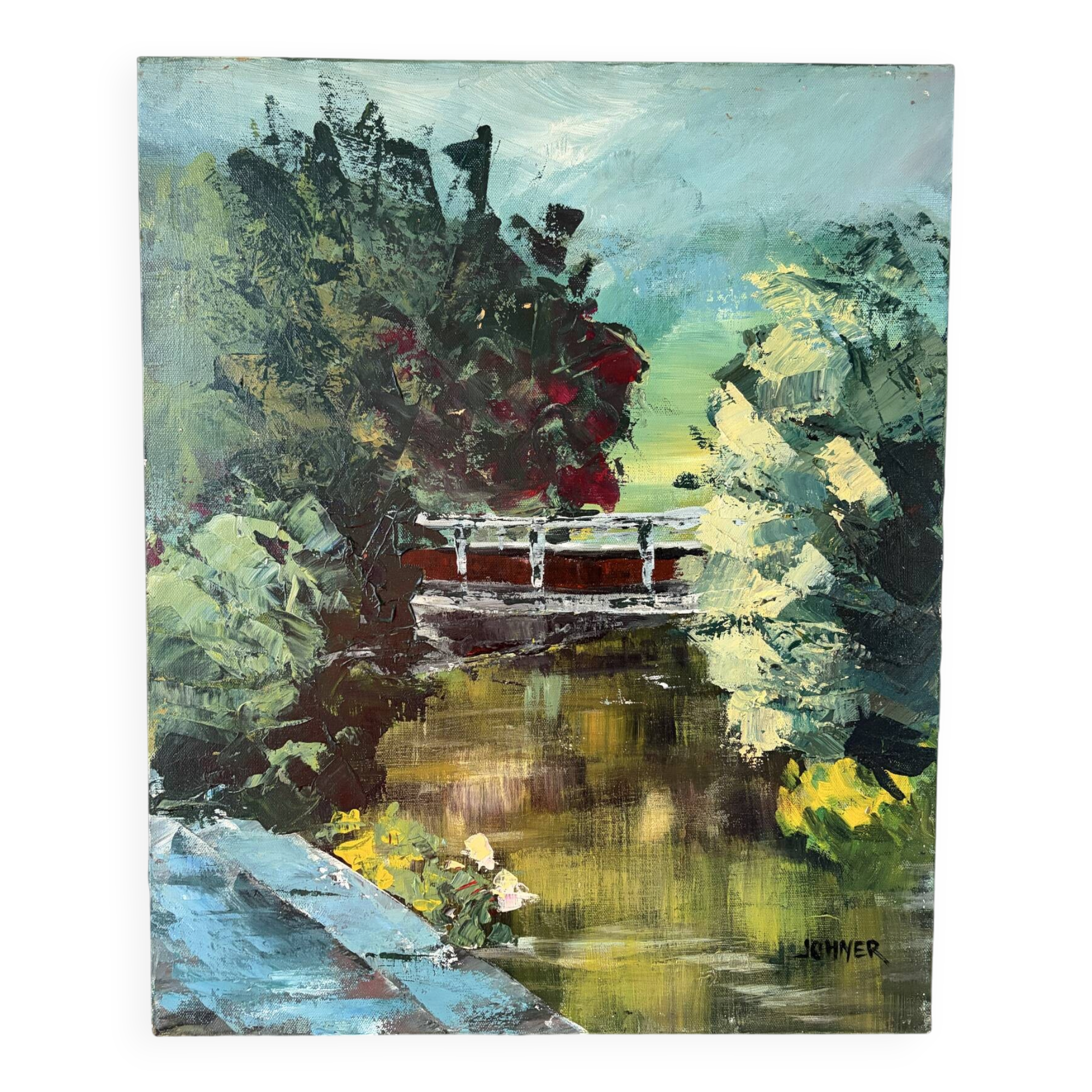Japanese garden, oil on canvas signed Johner