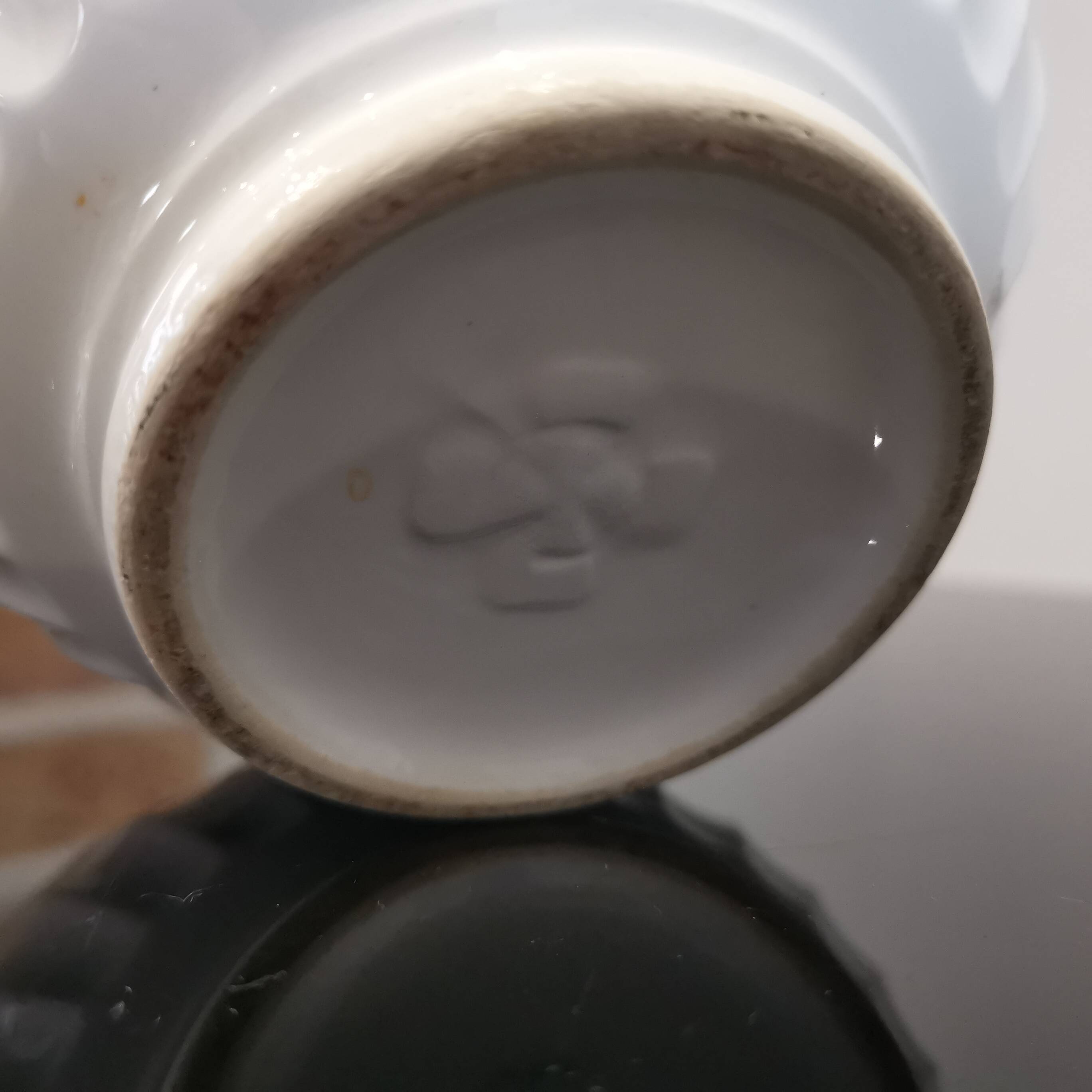 Old white bowl with blue edging Stamped Trèfle 50'S