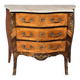 Louis XV style commode with rosewood veneer, gilded bronze mounts, and marble top.