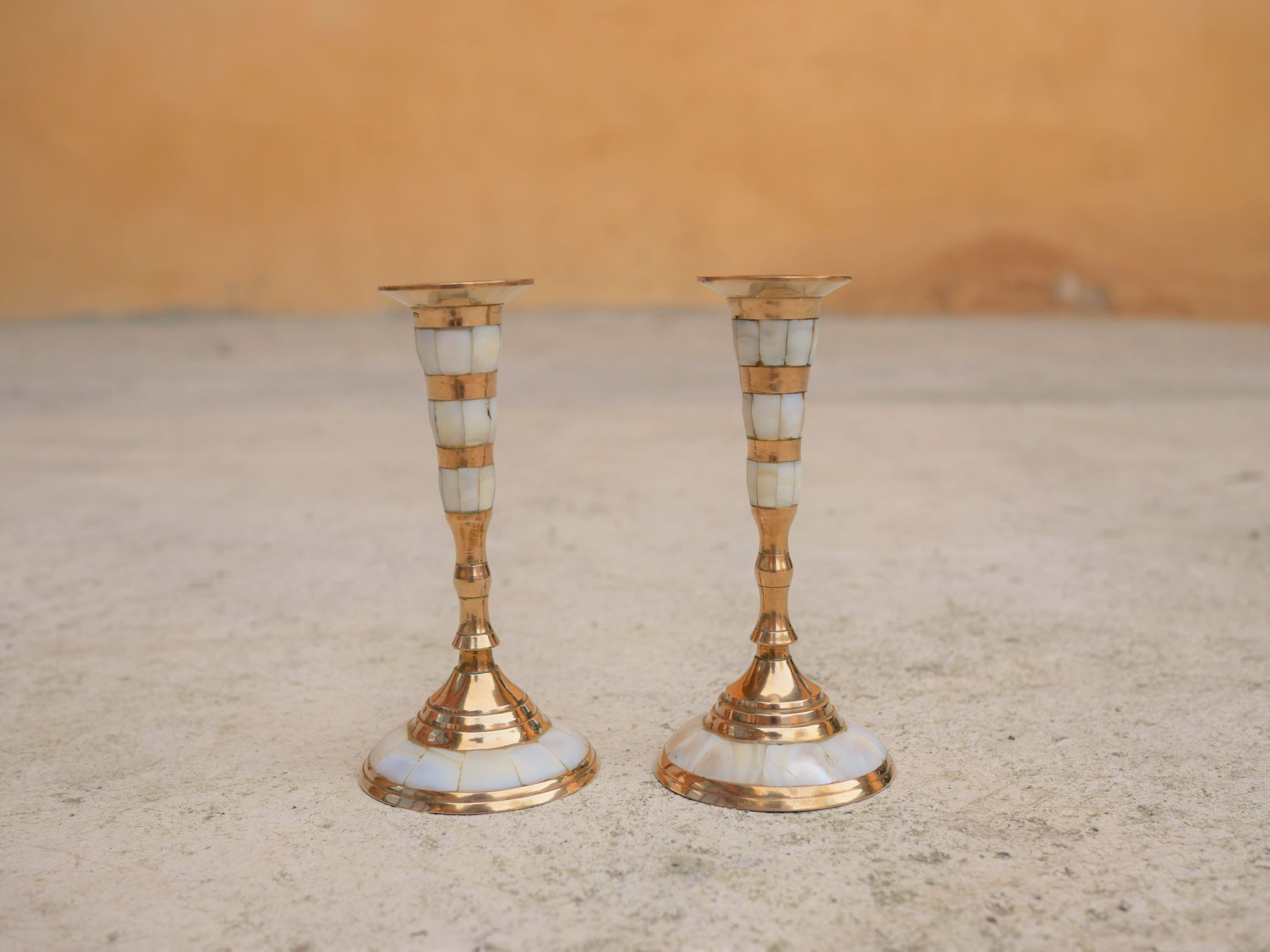 Pair of vintage brass and mother-of-pearl candlesticks