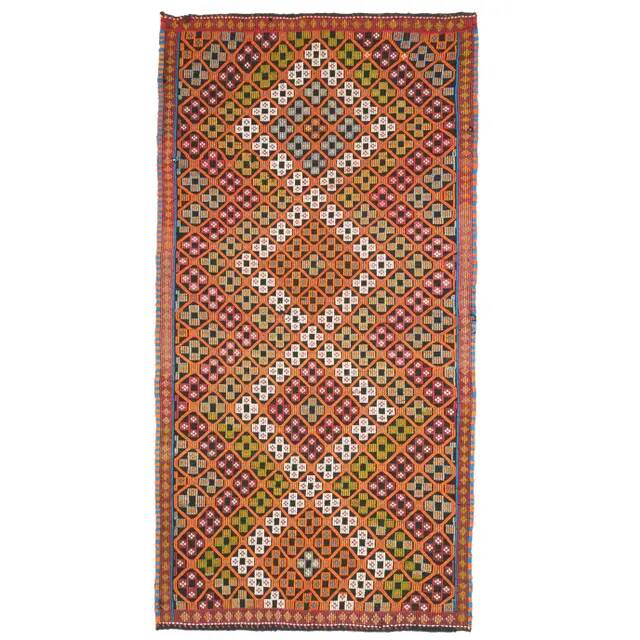 1970s Vintage Turkish Oushak Handmade Wool Cotton Orange Area Rug 179x353