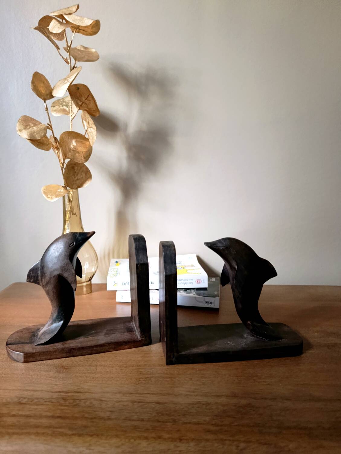 Wooden bookends in the shape of dolphins, vintage 1970.