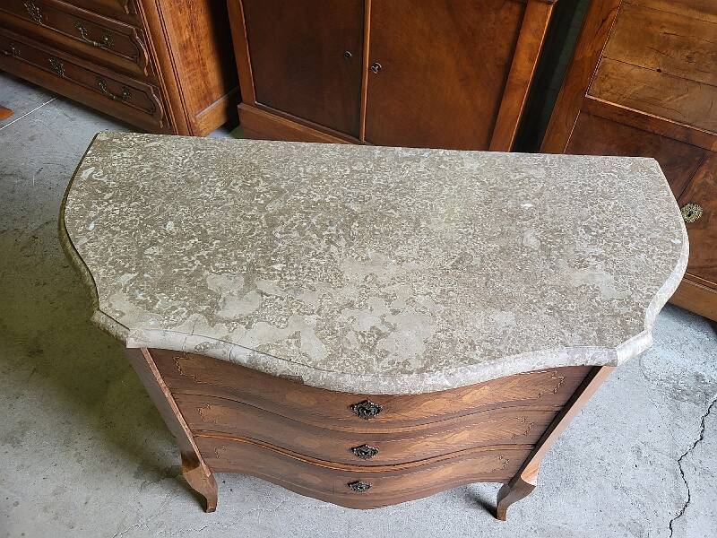 Curved chest of drawers in rosewood and marble marquetry