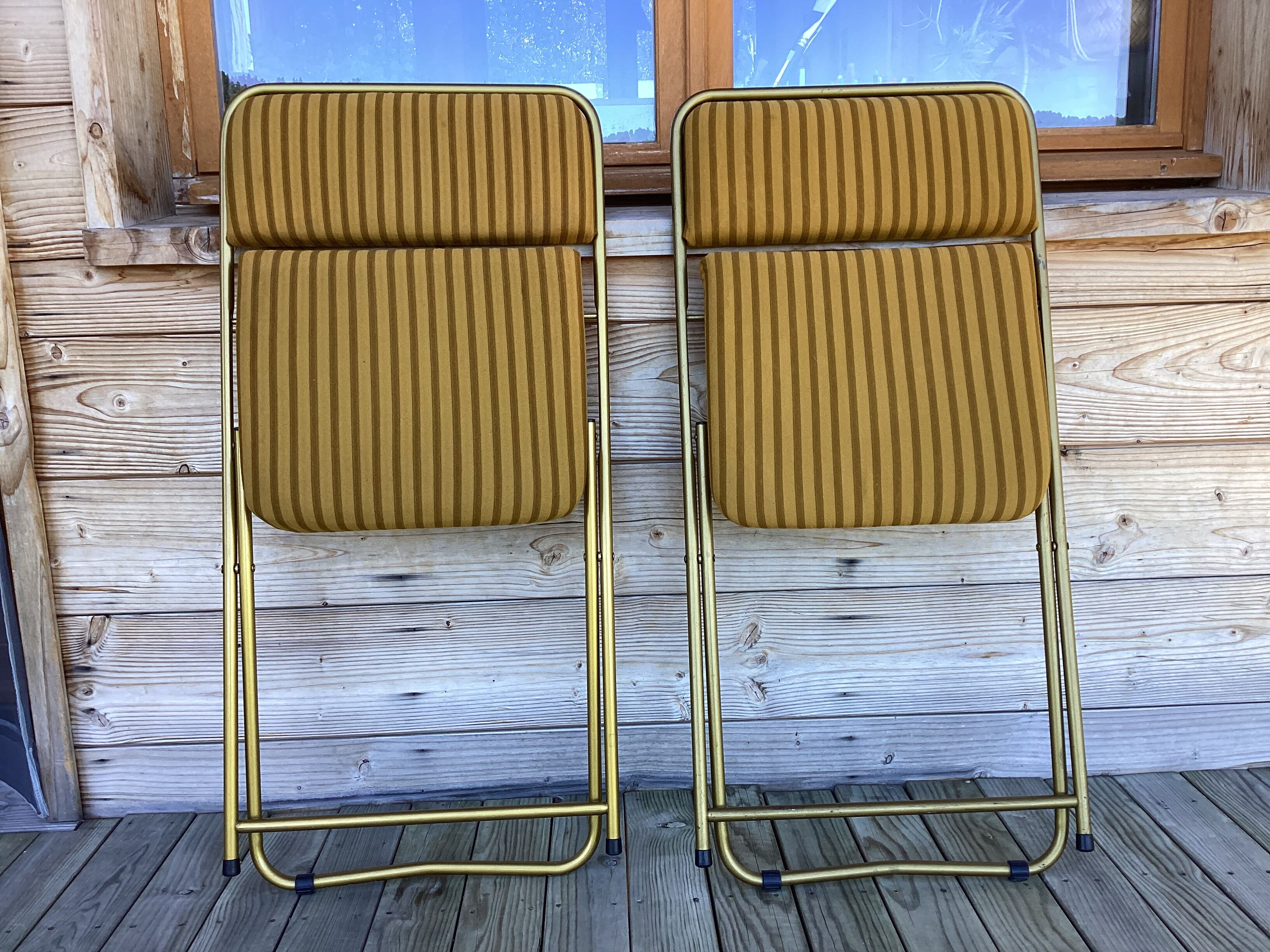 Vintage lafuma folding chair with striped gold fabric