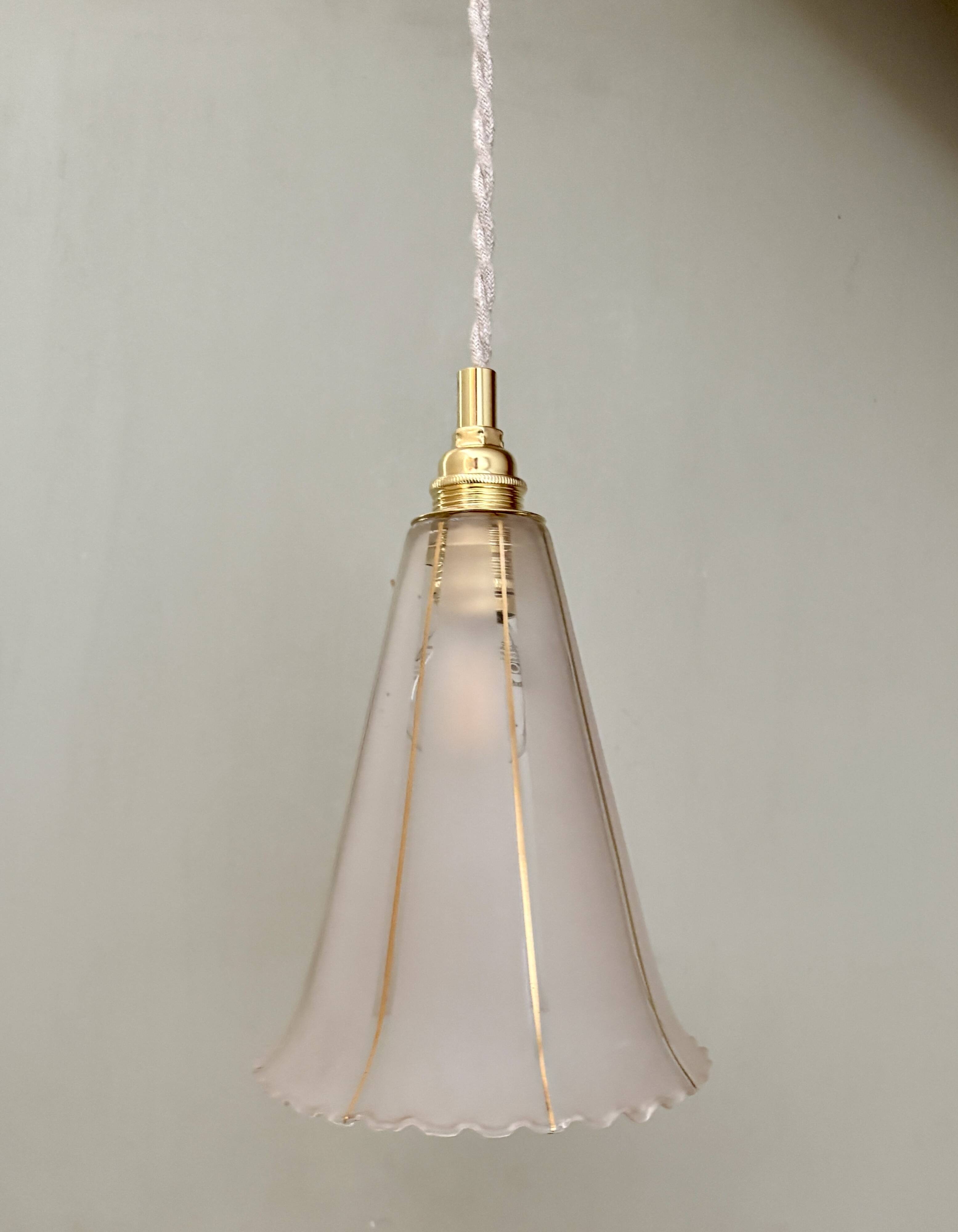 Vintage tulip pendant light in white and gold frosted glass