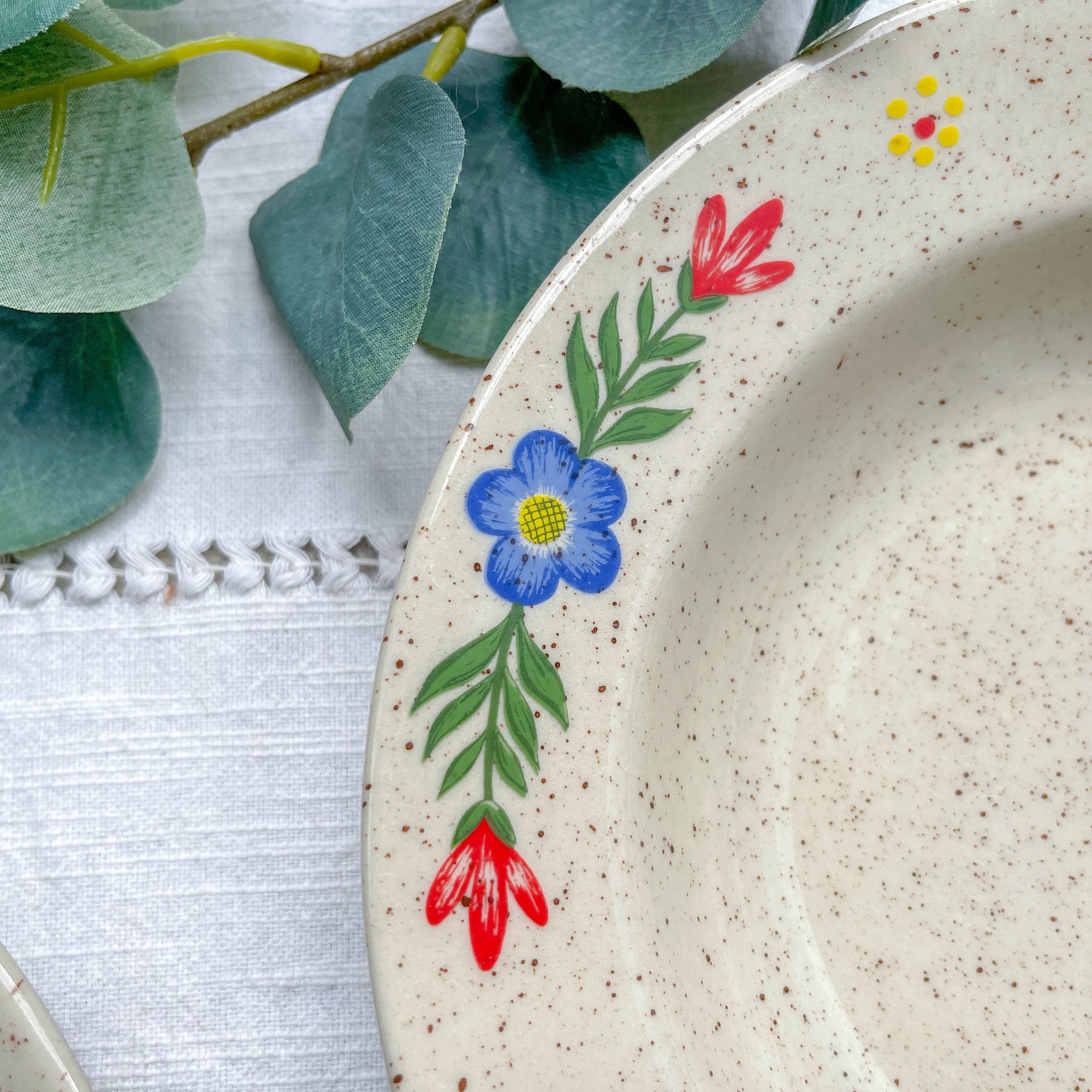 5 soup plates in speckled beige stoneware with floral pattern Tulowice Poland 1970