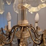 Brass chandelier with glass shaft, crystal tassel plates and daggers - 6 lights