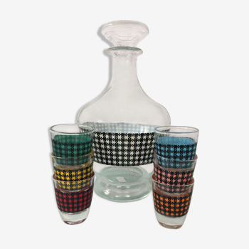 Carafe pied de poule et ses 6 verres assortis