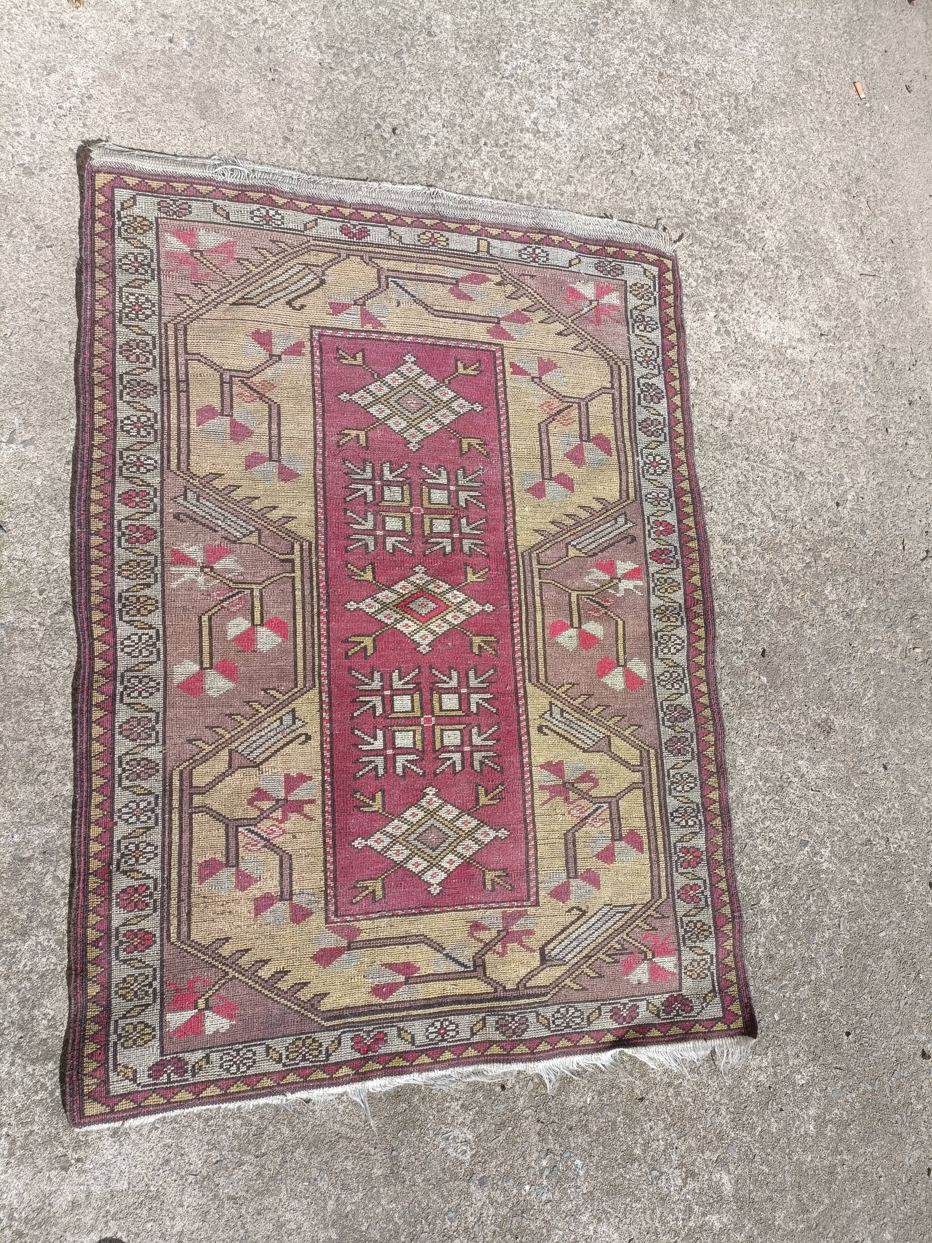 Turkish carpet handmade yellow background pink decoration, 127x91 cm