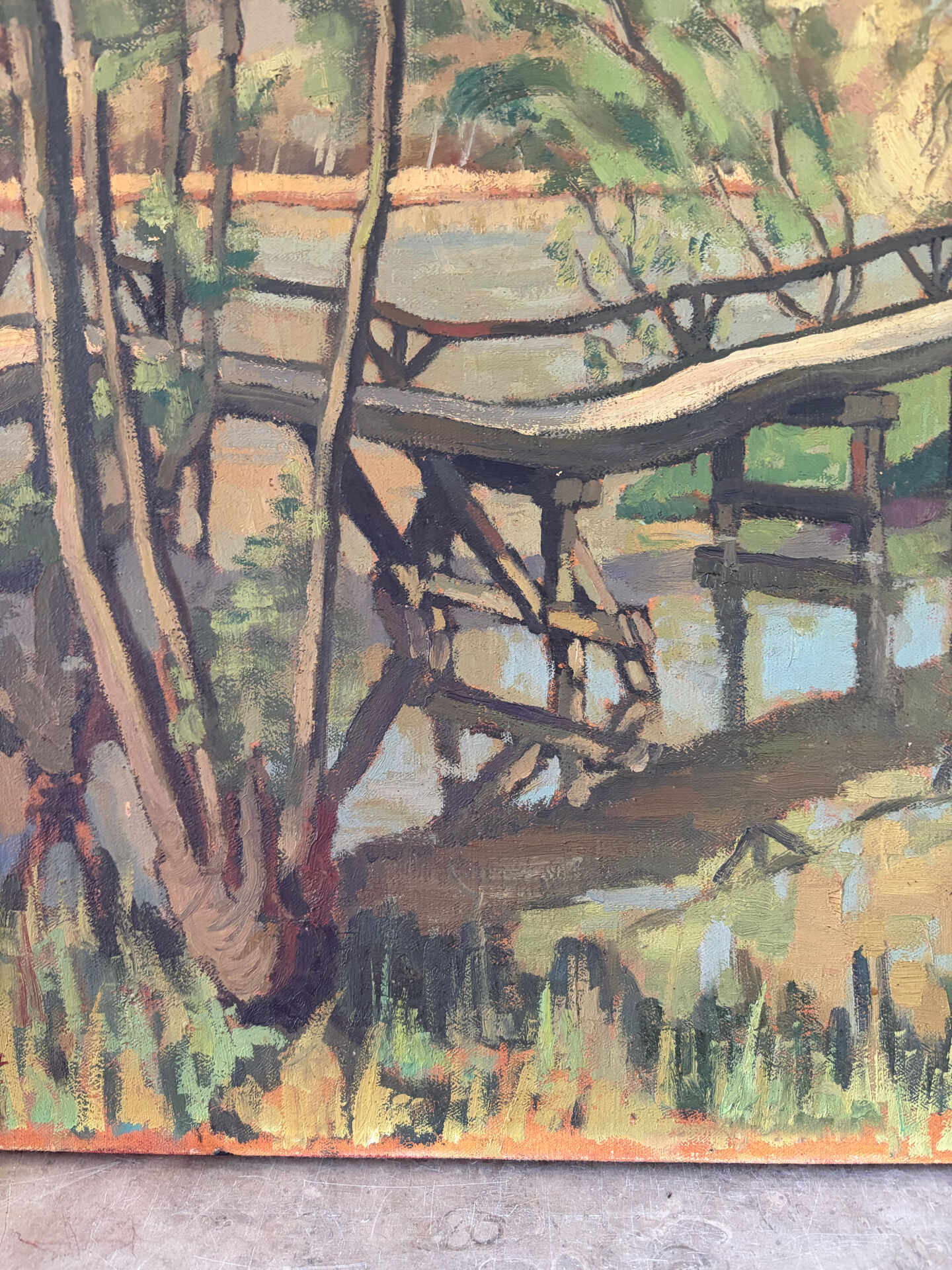 La Passerelle, huile sur toile signé
