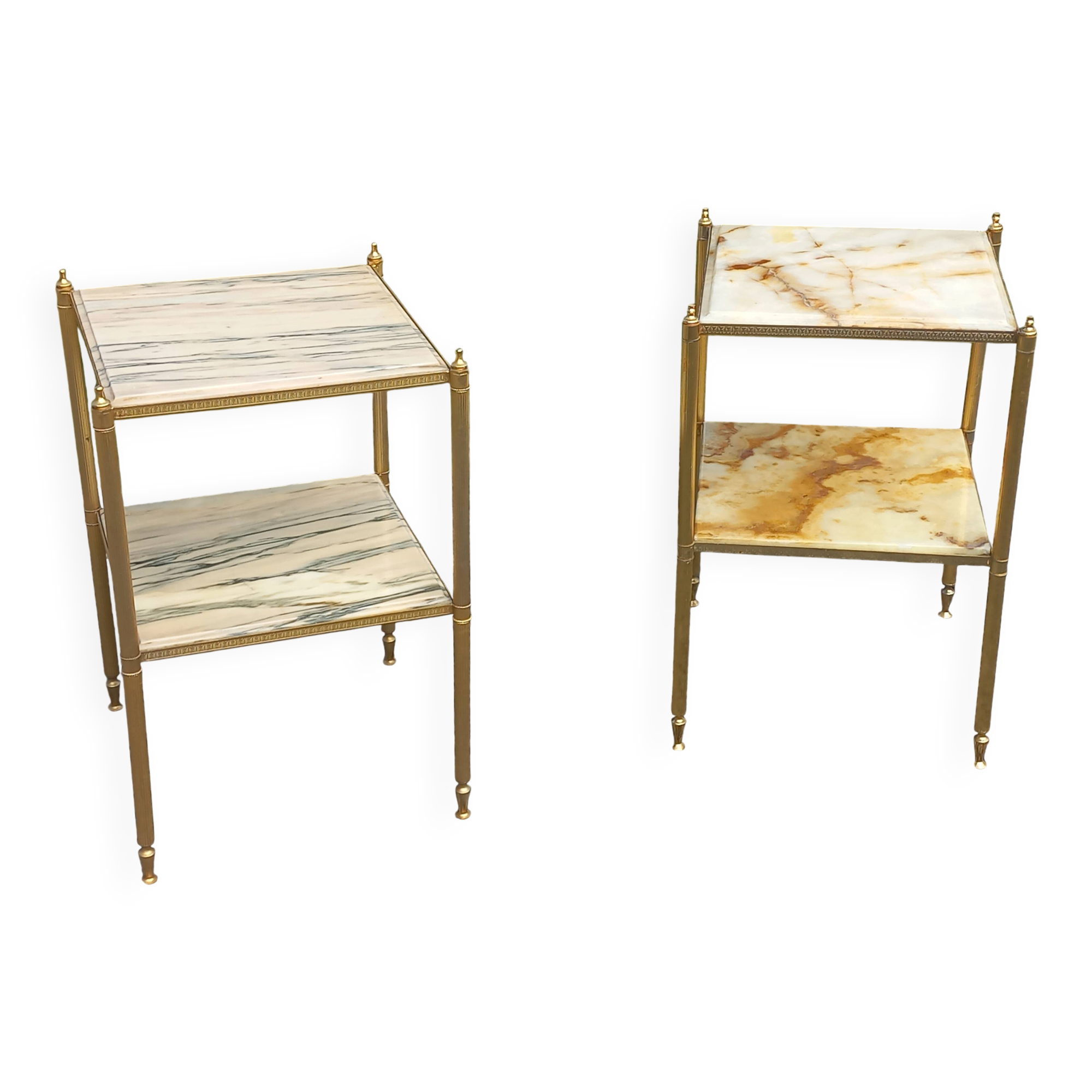 Pair of neoclassical side tables in bronze, brass, marble, and o.