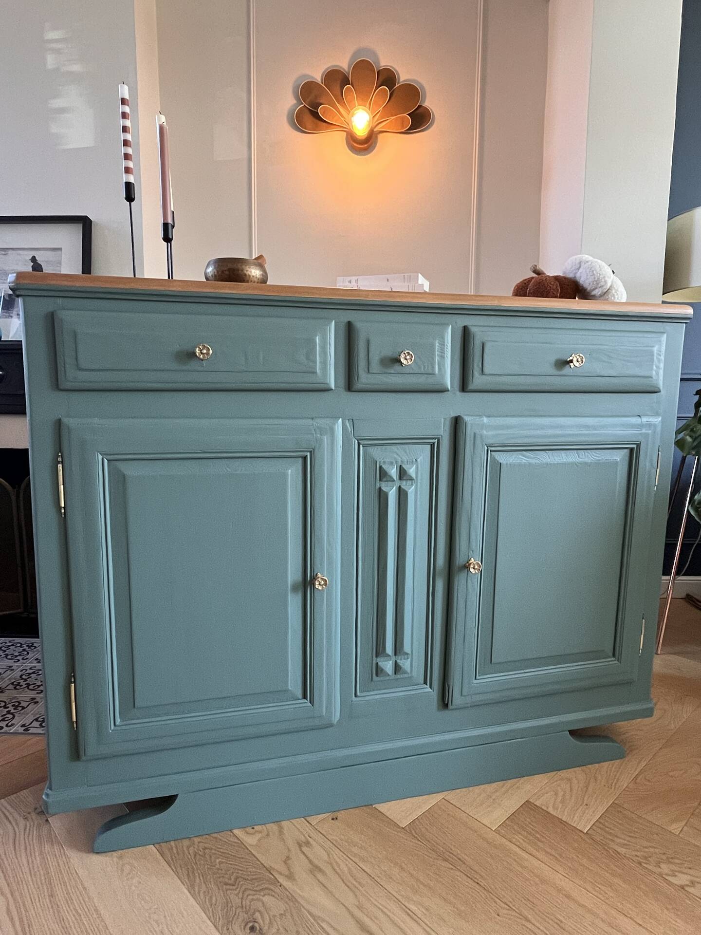 Sage green buffet with moustache legs