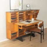 Classic home office from the 1950s, walnut veneer, illuminated interior